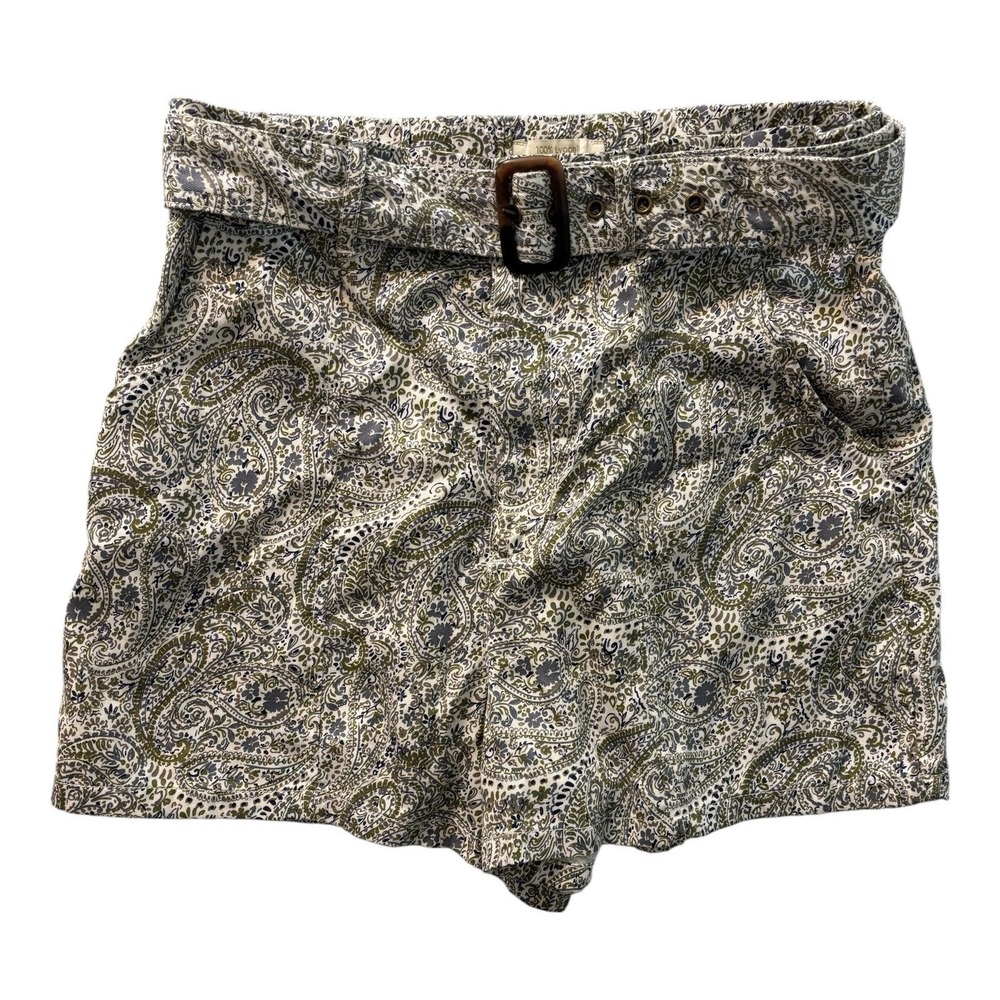 Cynthia Rowley Shorts Womens Paisley White Green Brown Large Belted High Rise